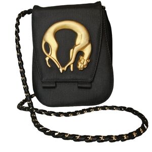 [NIMA] GOLD PANTHER FAUX BLACK LEATHER CROSSBODY BAG BRAIDED CHAIN